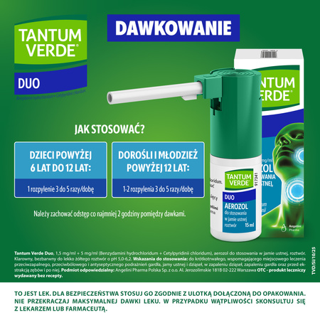 Tantum Verde Duo 1,5 mg/ml + 5 mg/ml aerozol do stosowania w jamie ustnej, 15 ml