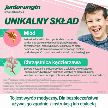 Junior-angin spray do gardła z miodem na ból gardła i suchy kaszel, dla dzieci od 3. roku życia i dorosłych, 20 ml