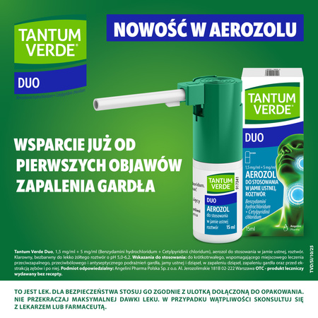 Tantum Verde Duo 1,5 mg/ml + 5 mg/ml aerozol do stosowania w jamie ustnej, 15 ml