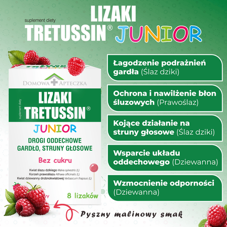 Lizaki Tretussin Junior smak malinowy (bez cukru) 8 sztuk