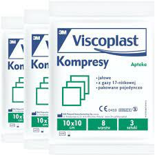 Viscoplast kompresy gazowe jałowe, 17 nitkowe, 10 x 10 cm, 8 warstwowe, 3 sztuki