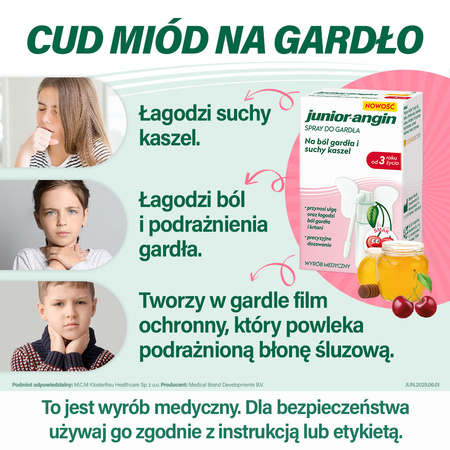 Junior-angin spray do gardła z miodem na ból gardła i suchy kaszel, dla dzieci od 3. roku życia i dorosłych, 20 ml