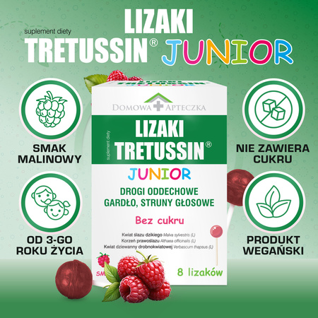 Lizaki Tretussin Junior smak malinowy (bez cukru) 8 sztuk