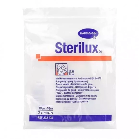 Sterilux Kompresy Jałowe, 17-Nitkowe, 8 Warstwowe, 10 cm X 10 cm, 3 sztuki