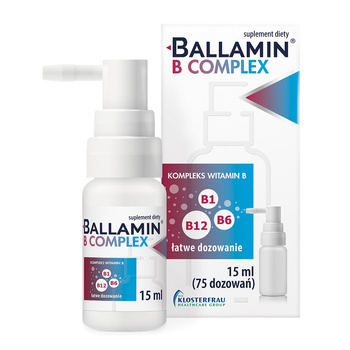 Ballamin B Complex – witaminy z grupy B (B1, B6, B12) w sprayu, aerozol do stosowania podjęzykowo w jamie ustnej, suplement diety, 15 ml