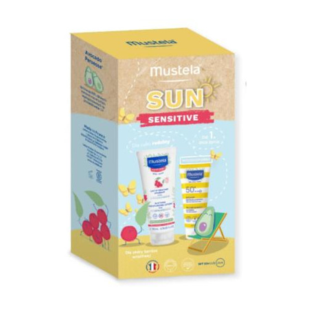 Mustela SUN SENSITIVE, zestaw łagodzące mleczko nawilżające 200ml + mleczko przeciwsłoneczne SPF50+ 100ml
