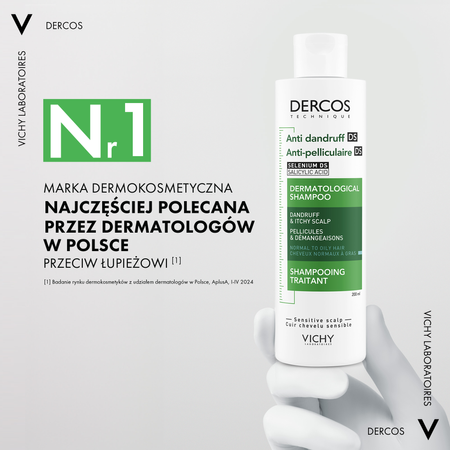 Vichy Dercos Anti Dandruff DS, szampon przeciwłupieżowy, włosy normalne i przetłuszczające się, 200 ml