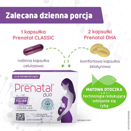 Prenatal DUO – witaminy dla kobiet w ciąży (od 13. tygodnia) i karmiących piersią, 60 + 30 kapsułek (DHA, laktoferyna, cholina)