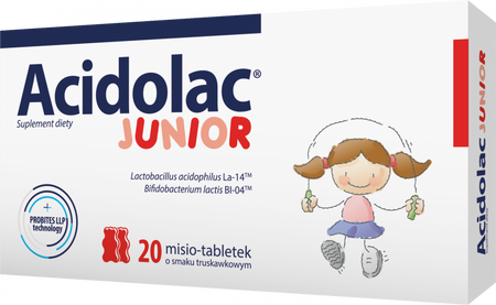Acidolac Junior 20 misio - tabletek o smaku truskawkowym  DATA WAŻNOŚCI 31.12.2025