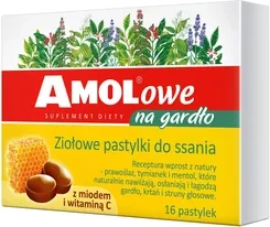 Amolowe na gardło z miodem i witaminą C, ziołowe pastylki do ssania na podrażnione gardło, 16 sztuk