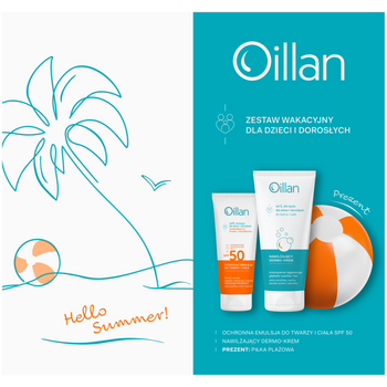 OILLAN Ochronna emulsja do twarzy i ciała z filtrem SPF50 100 ml + Dermo-krem 200 ml + piłka plażowa