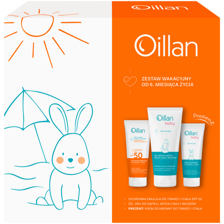 Oillan Ochronna emulsja z filtrem SPF50 100 ml + Żel 3w1 do mycia 200 ml + Krem 75 ml