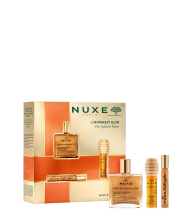 Nuxe L'Infiniment Glow .Huile Prodigieuse Or 50ml + Huile Prodigieuse Or Format Roll-On 8ml + Reve de miel Miodwy Olejek do ust, 10ml