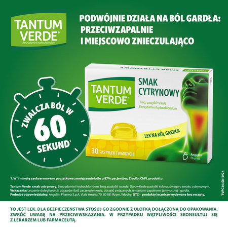 Tantum Verde smak cytrynowy 3 mg, 30 pastylek